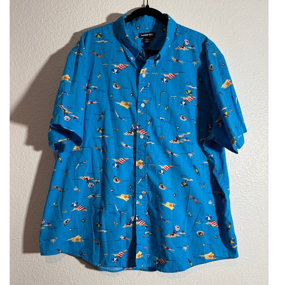 Lands' End Men's Size XXL Traditional Fit Button-Up Shirt Blue Ocean Swimmers